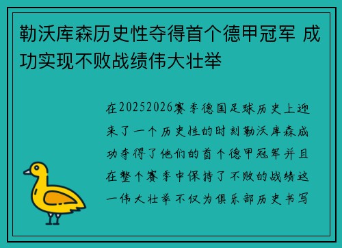 勒沃库森历史性夺得首个德甲冠军 成功实现不败战绩伟大壮举 勒沃库森历史性夺得首个德甲冠军 成功实现不败战绩伟大壮举